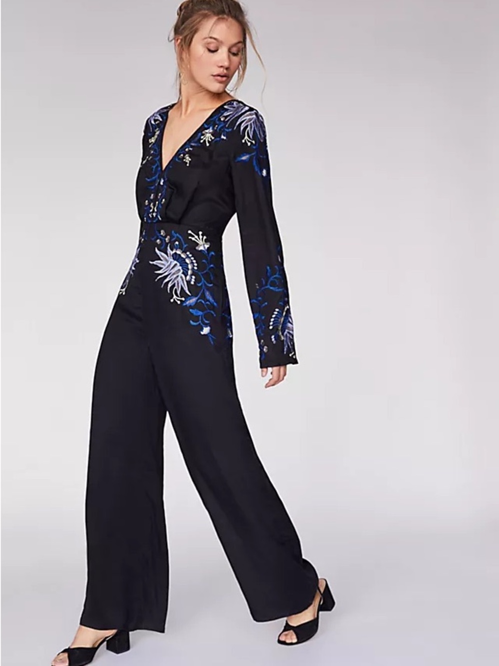 Msrp 350 Free People Gypsy Rose Jumpsuit black wide-leg embroidered Floral Boho